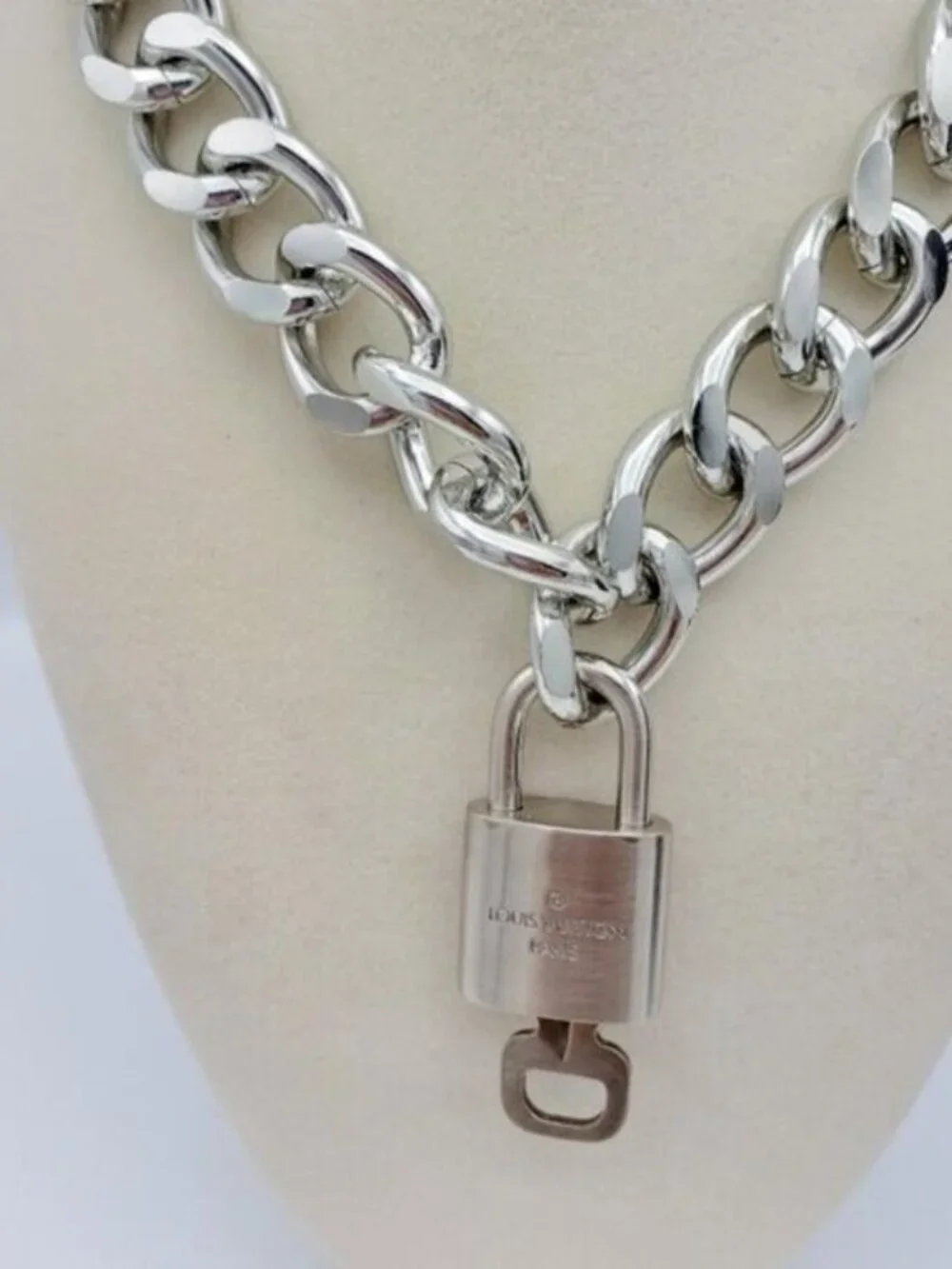 Authentic Louis Vuitton Padlock w/Unbranded Stainless Steel Plated Silver Chain